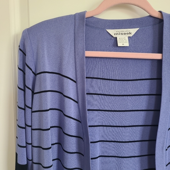 Exclusively Misook Purple Black Stripe Open Front Cardigan Sweater Medium - Picture 2 of 8